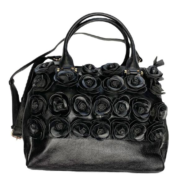 Clever Carriage Handbags - Clever Carriage Company Rose Leather Crossbody Handbag Blk Flower Gold Hardware